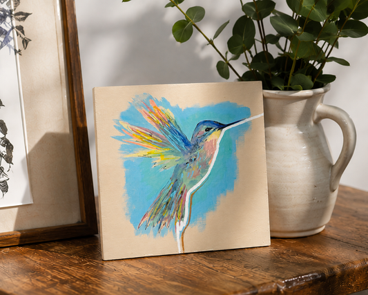 Original hummingbird on 12x12cm wooden canvas