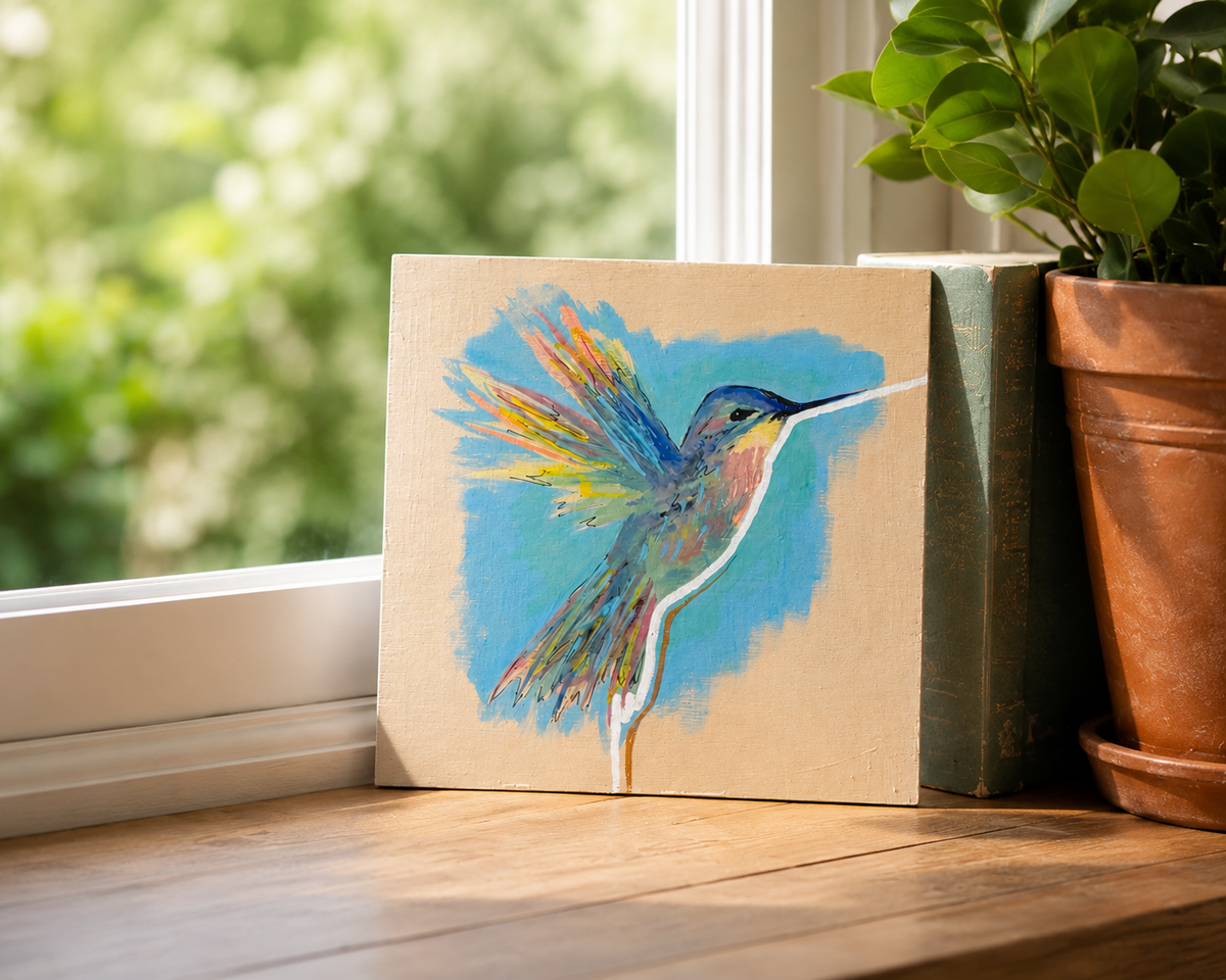 Original hummingbird on 12x12cm wooden canvas