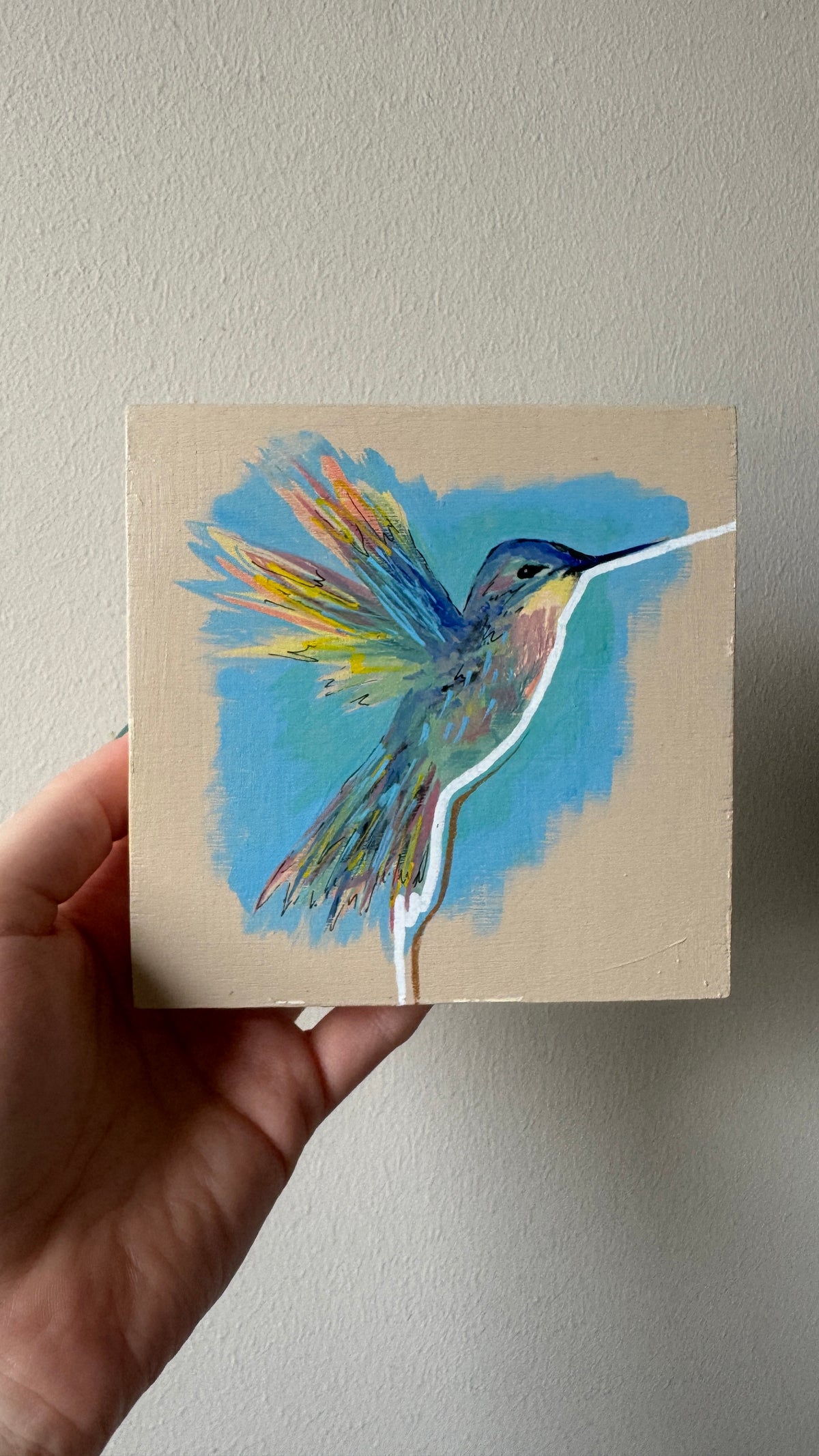Original hummingbird on 12x12cm wooden canvas
