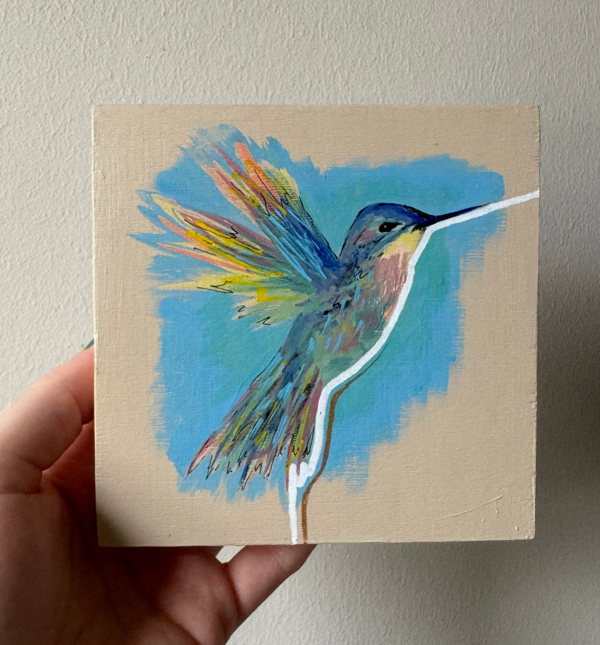 Original hummingbird on 12x12cm wooden canvas