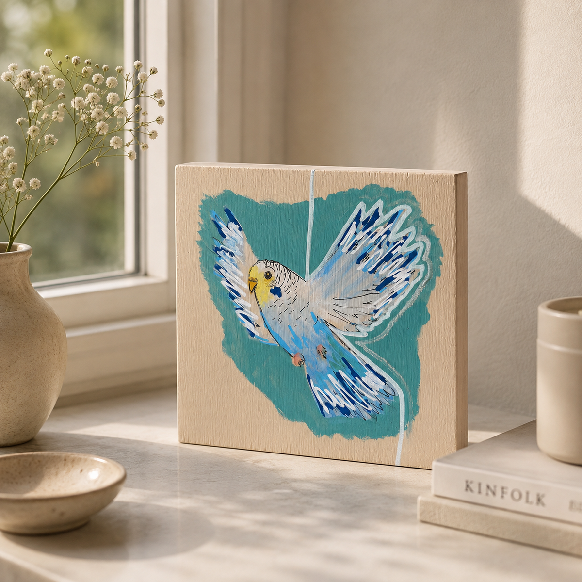 Parakeet original 12x12cm wooden canvas